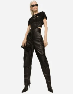 High-waisted leather biker pants