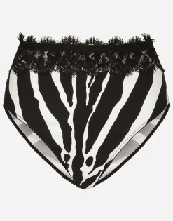 High-waisted panties in zebra-print charmeuse and lace