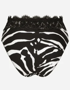 High-waisted panties in zebra-print charmeuse and lace