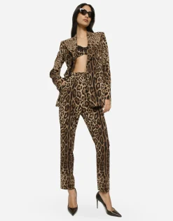 High-waisted pants in leopard-print wool