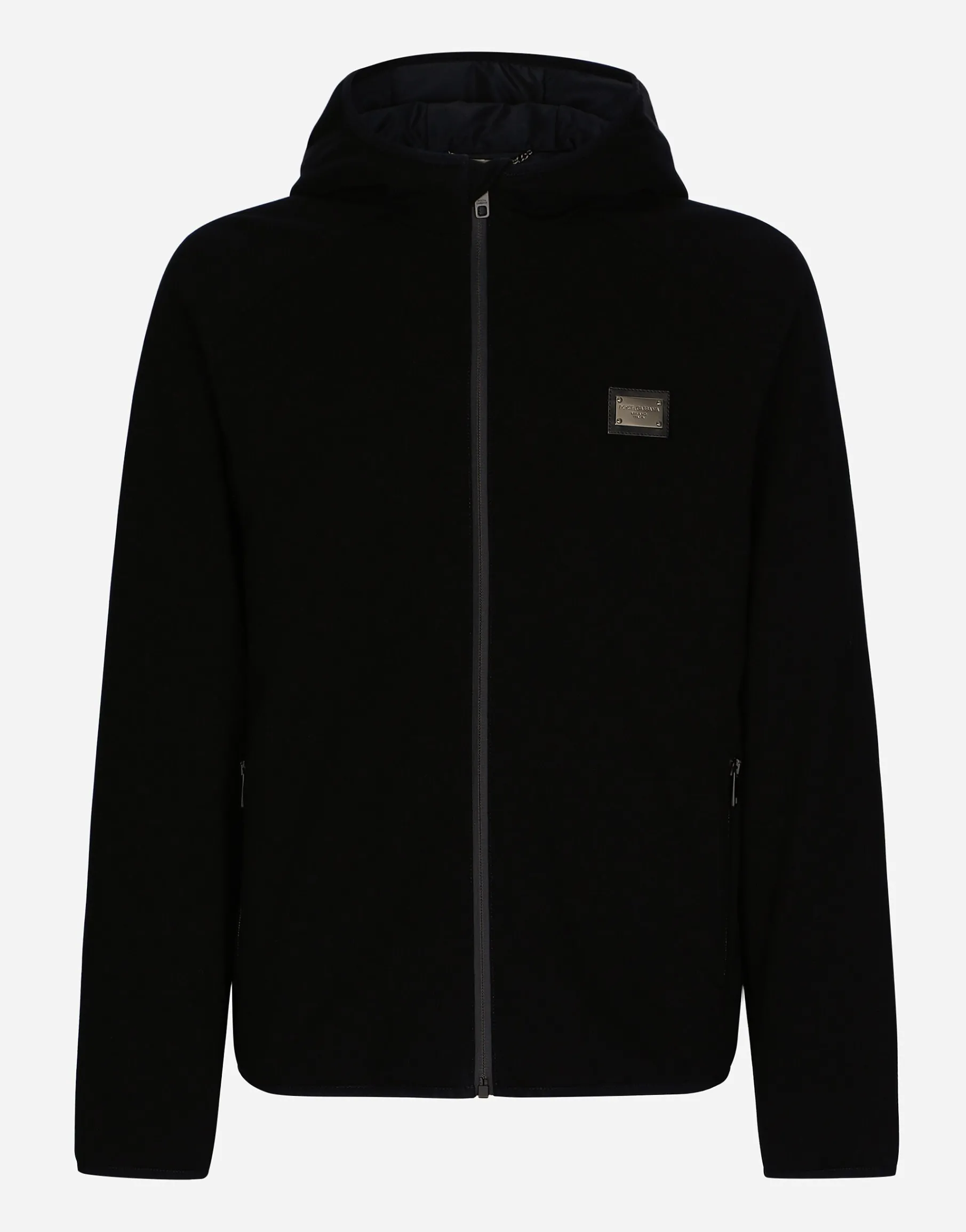 Hooded jersey jacket with branded tag