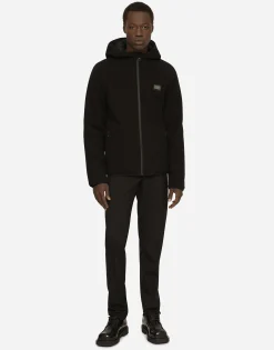 Hooded jersey jacket with branded tag