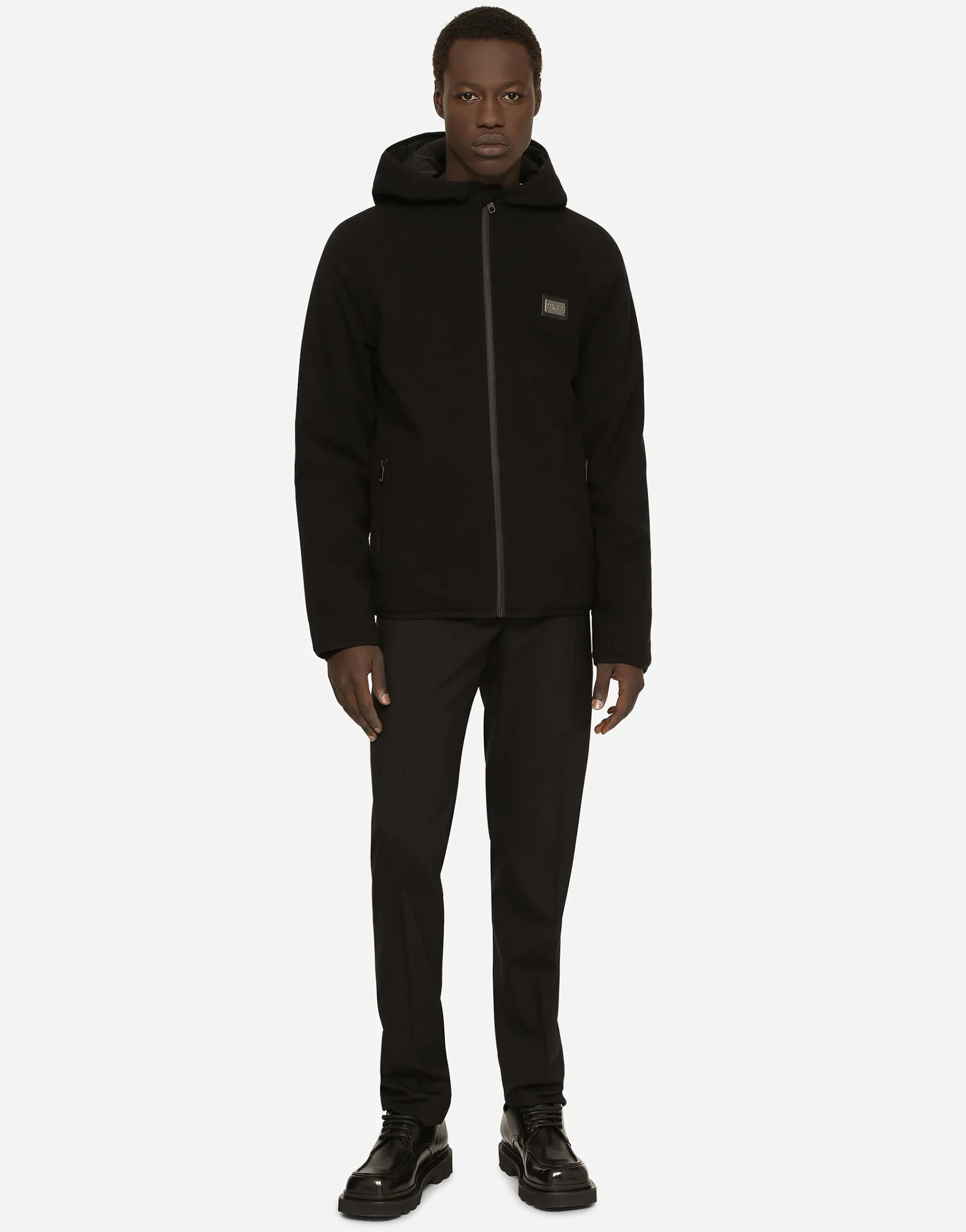 Hooded jersey jacket with branded tag
