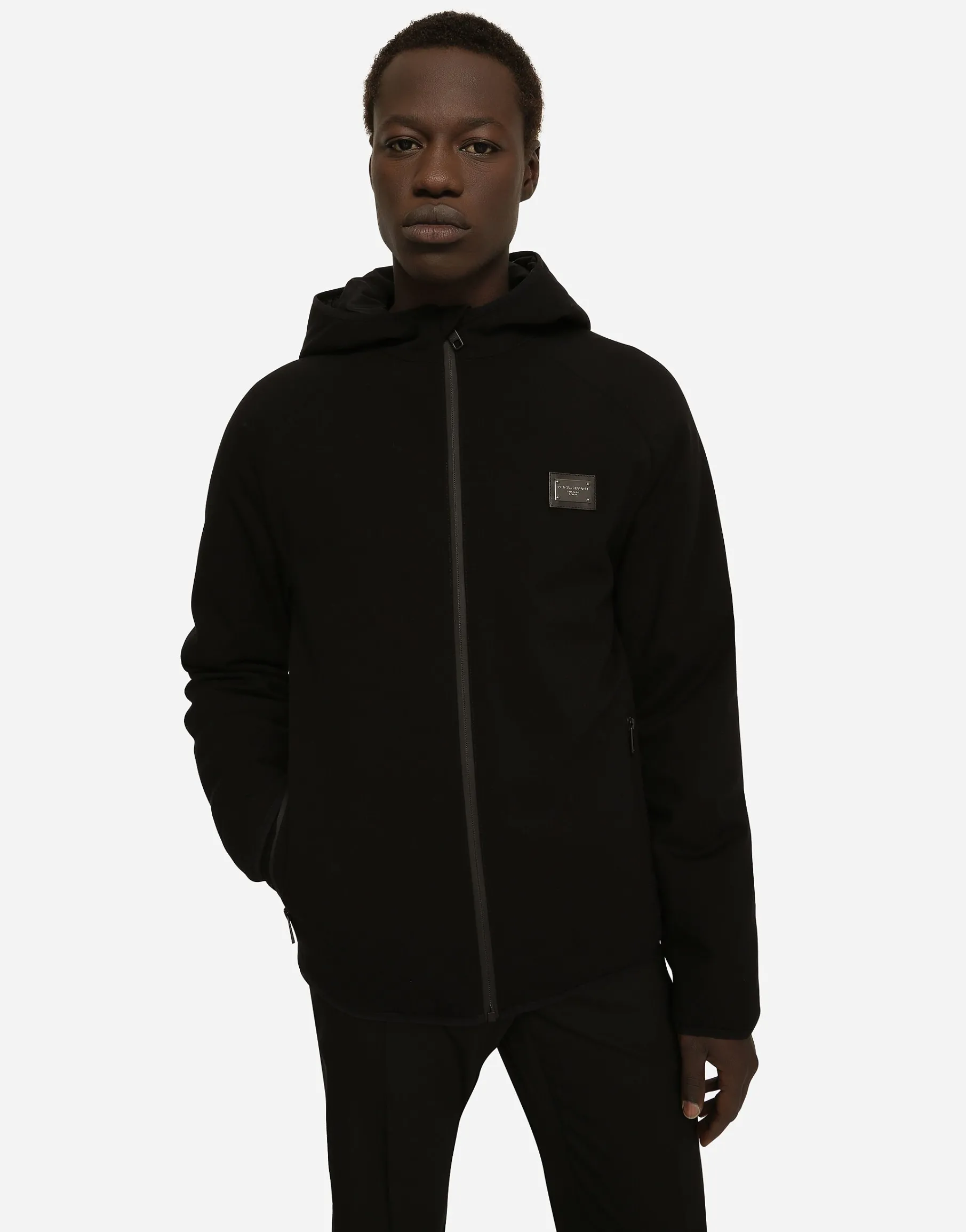 Hooded jersey jacket with branded tag