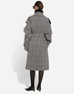 Houndstooth check wool trench coat