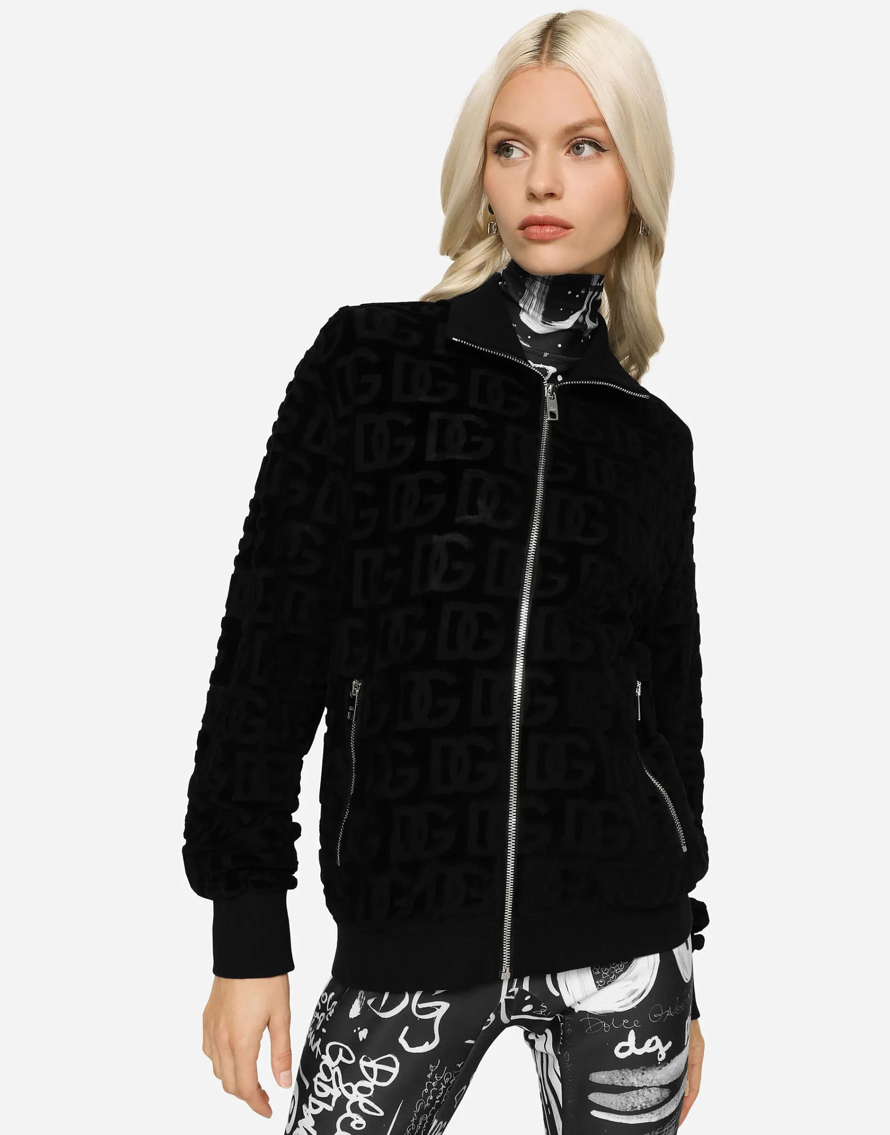 Jacquard jersey sweatshirt with all-over DG detail and zipper