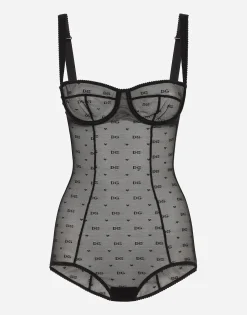 Jacquard tulle balconette-bra bodysuit