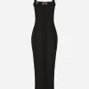 Jersey calf-length dress with lace inserts