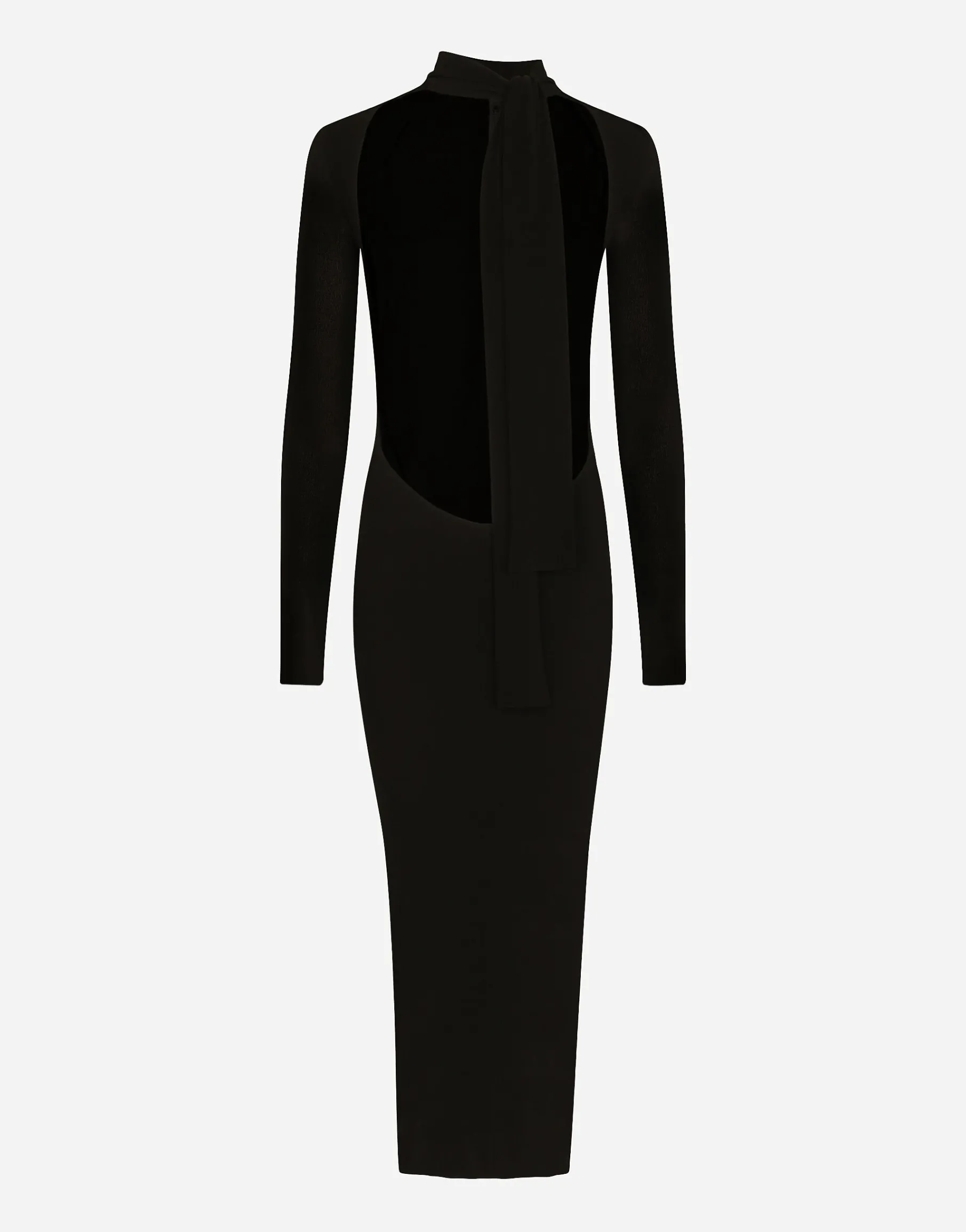 Jersey calf-length dress with cut-out and pussy-bow