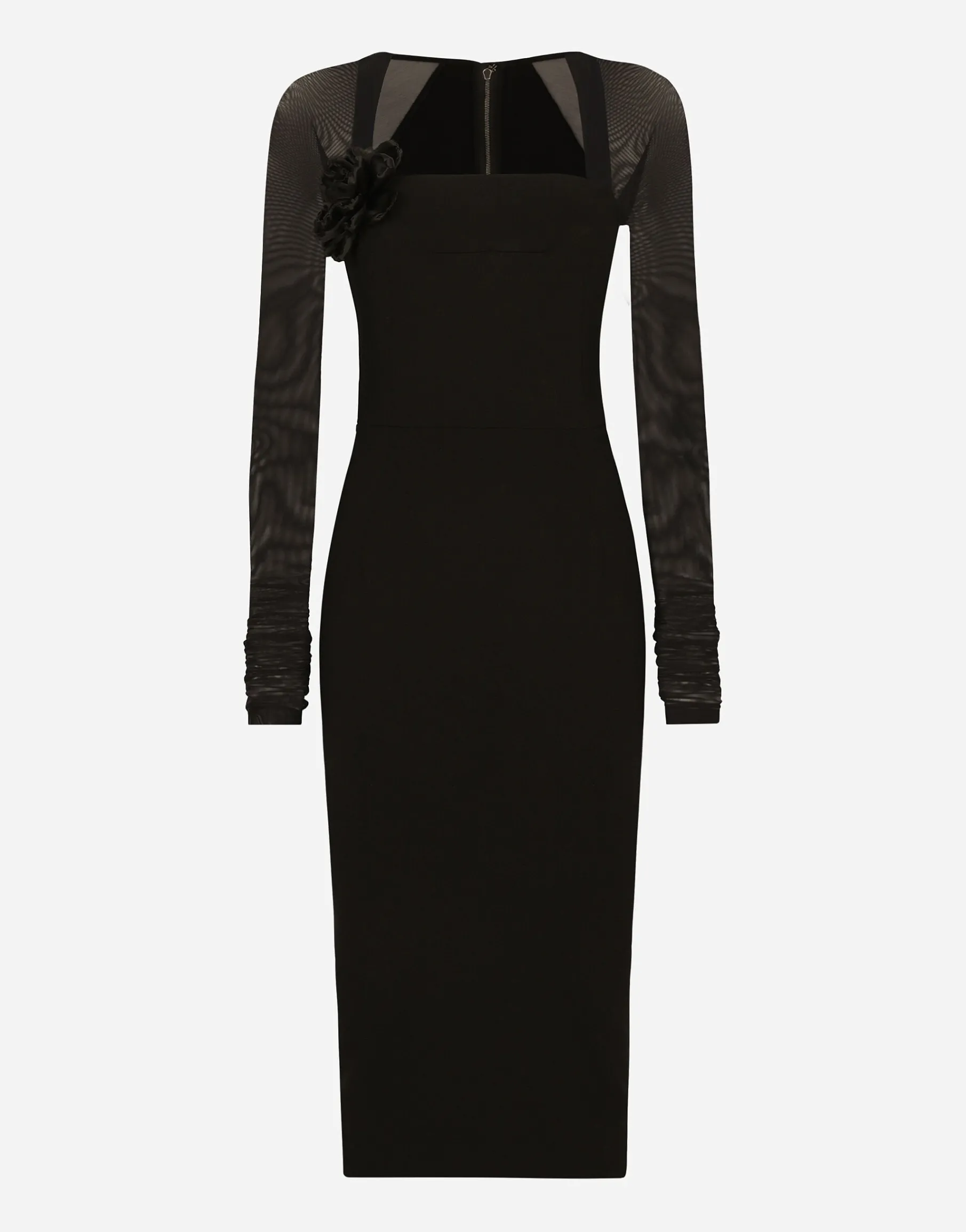 Jersey calf-length dress with tulle sleeves