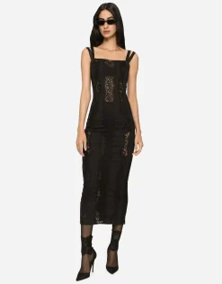 Jersey calf-length dress with lace inserts