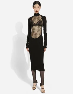 Jersey calf-length dress with Chantilly lace insert