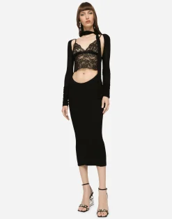 Jersey calf-length dress with cut-out and pussy-bow