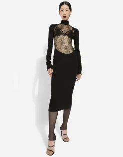 Jersey calf-length dress with Chantilly lace insert