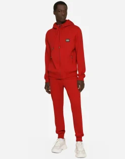 Jersey jogging pants with branded tag