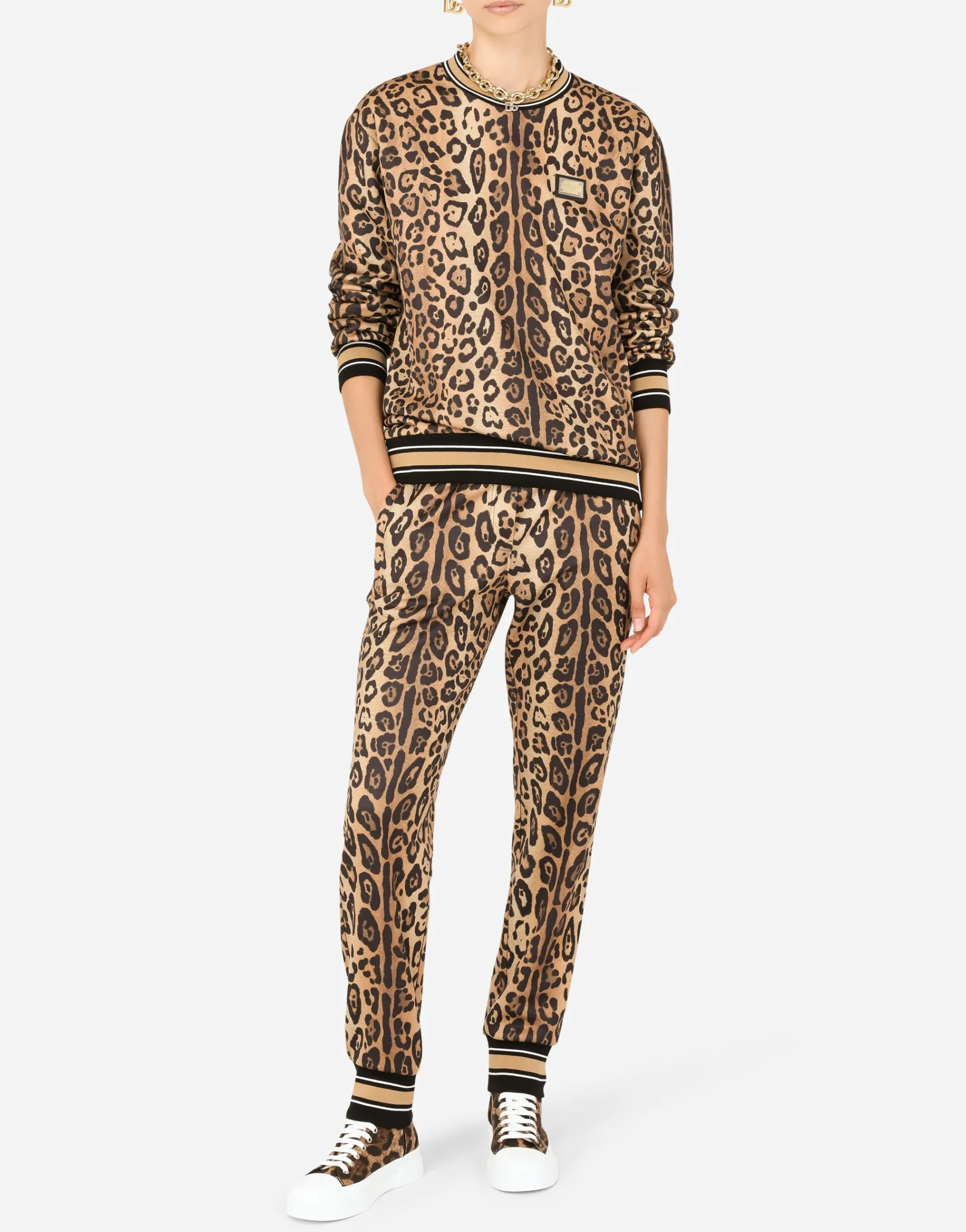 Jersey jogging pants with leopard print