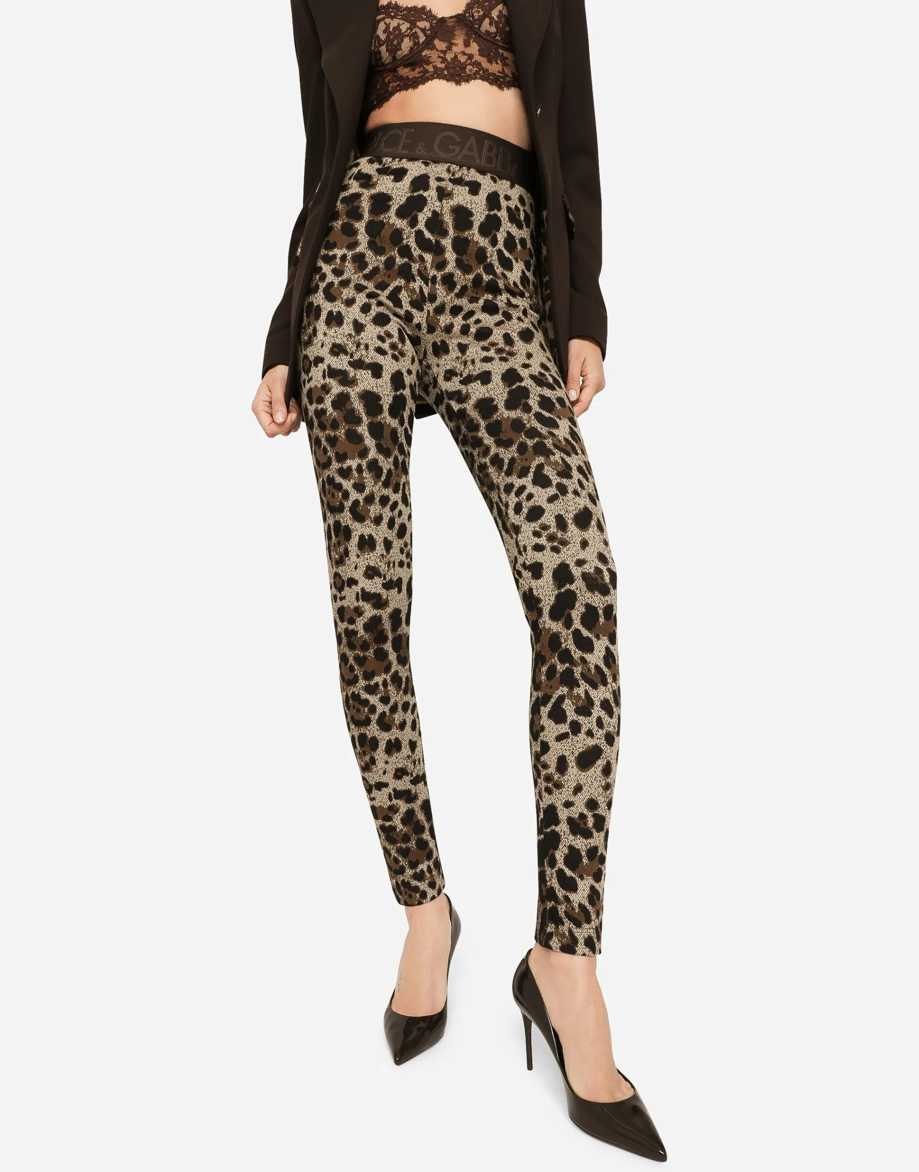 Jersey leggings with jacquard leopard design