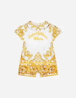 Jersey onesie with yellow majolica print and Dolce&Gabbana logo