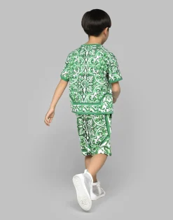 Jersey shorts with green majolica print