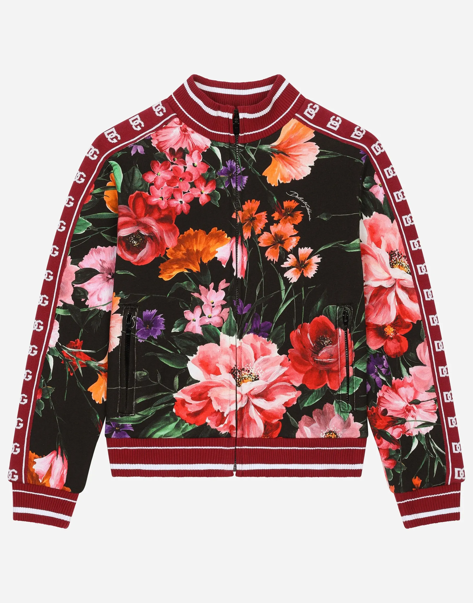 Jersey sweatshirt with floral print over a black background