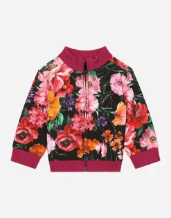 Jersey sweatshirt with floral print over a black background