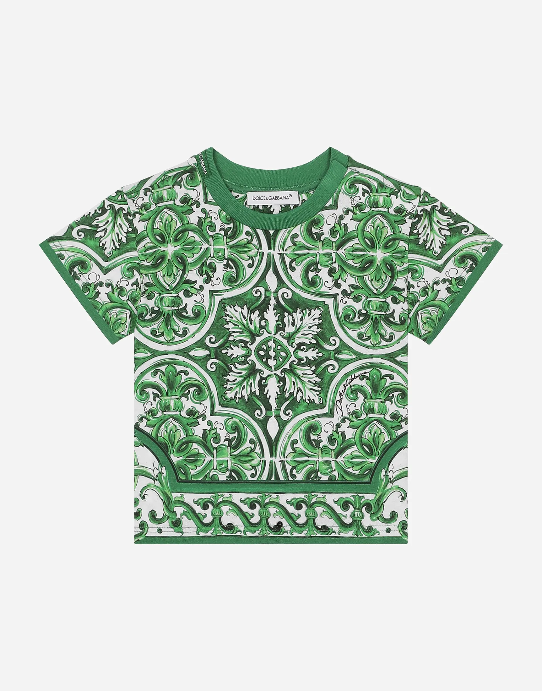 Jersey T-shirt with all-over green majolica print