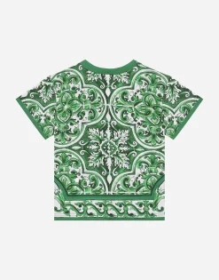 Jersey T-shirt with all-over green majolica print