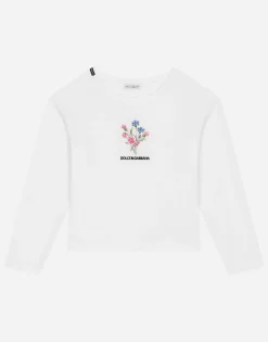 Jersey T-shirt with long sleeves and floral embroidery