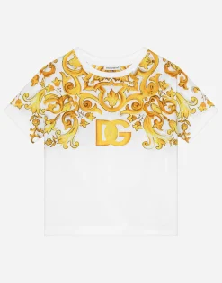 Jersey T-shirt with yellow majolica print and DG logo