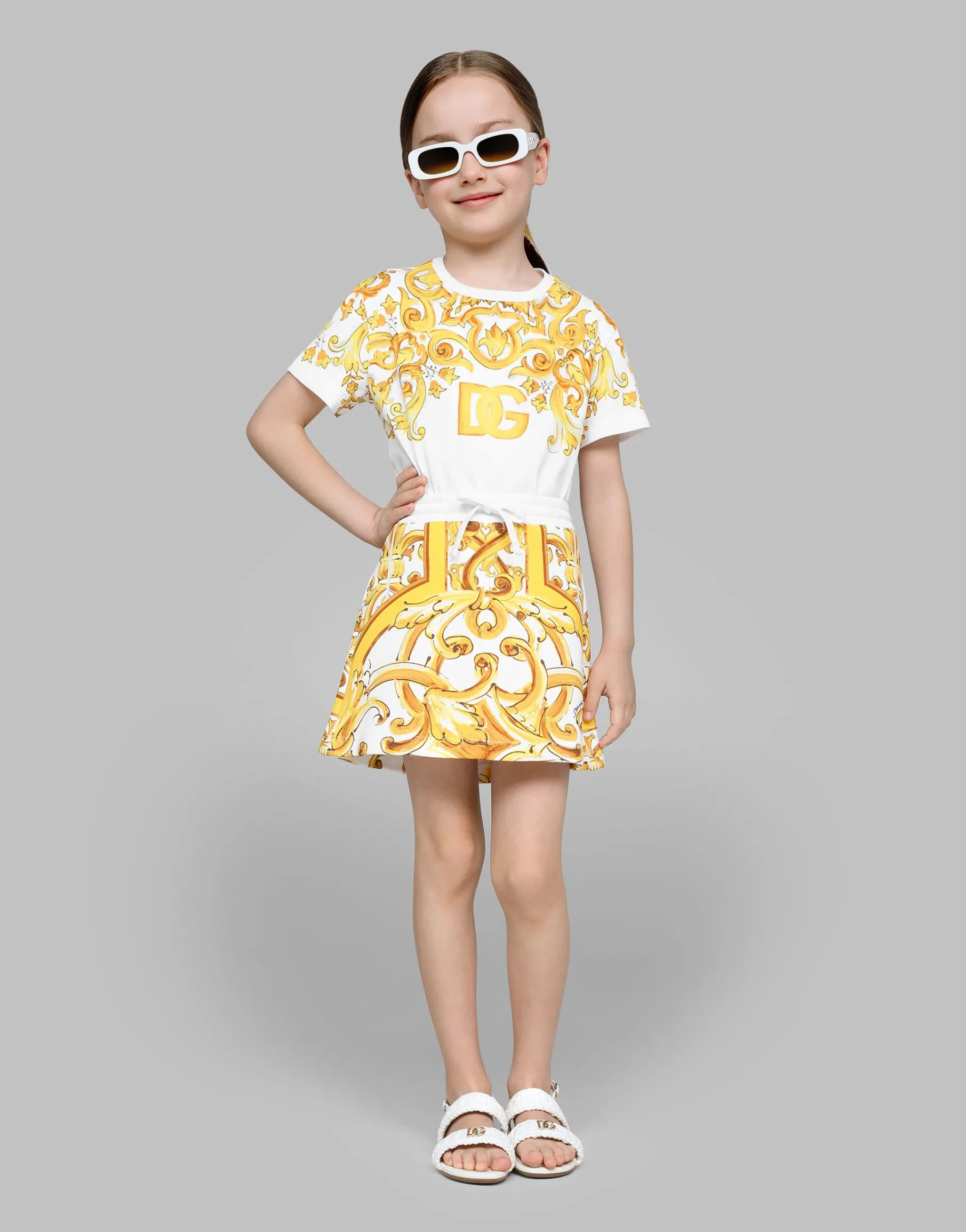 Jersey T-shirt with yellow majolica print and DG logo
