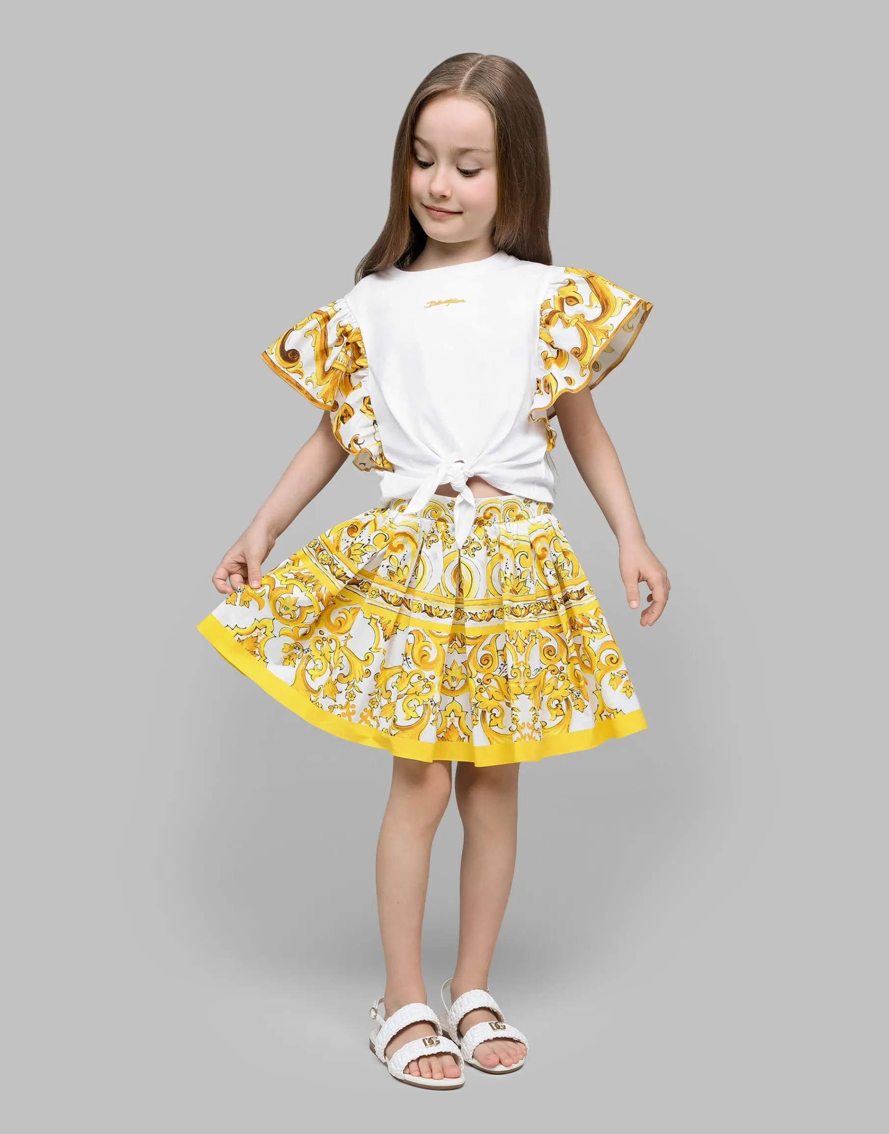 Jersey T-shirt with yellow majolica print and Dolce&Gabbana logo
