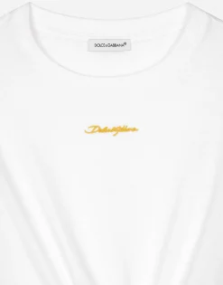 Jersey T-shirt with yellow majolica print and Dolce&Gabbana logo