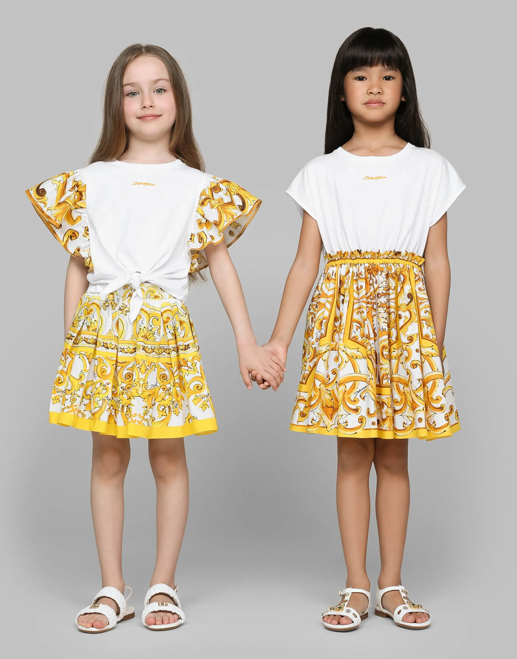 Jersey T-shirt with yellow majolica print and Dolce&Gabbana logo