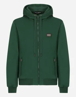 Jersey zip-up hoodie with branded tag