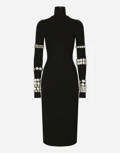 KIM DOLCE&GABBANA Calf-length dress in jersey Milano rib with rhinestones