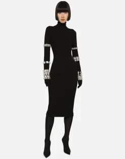 KIM DOLCE&GABBANA Calf-length dress in jersey Milano rib with rhinestones