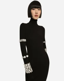 KIM DOLCE&GABBANA Calf-length dress in jersey Milano rib with rhinestones