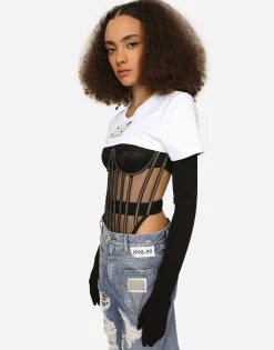 KIM DOLCE&GABBANA Cropped jersey T-shirt with “KIM Dolce&Gabbana” tag