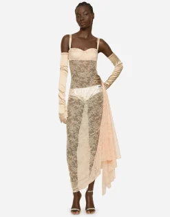 KIM DOLCE&GABBANA Long floral lace dress with lingerie bra