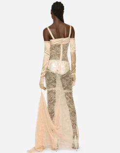 KIM DOLCE&GABBANA Long floral lace dress with lingerie bra