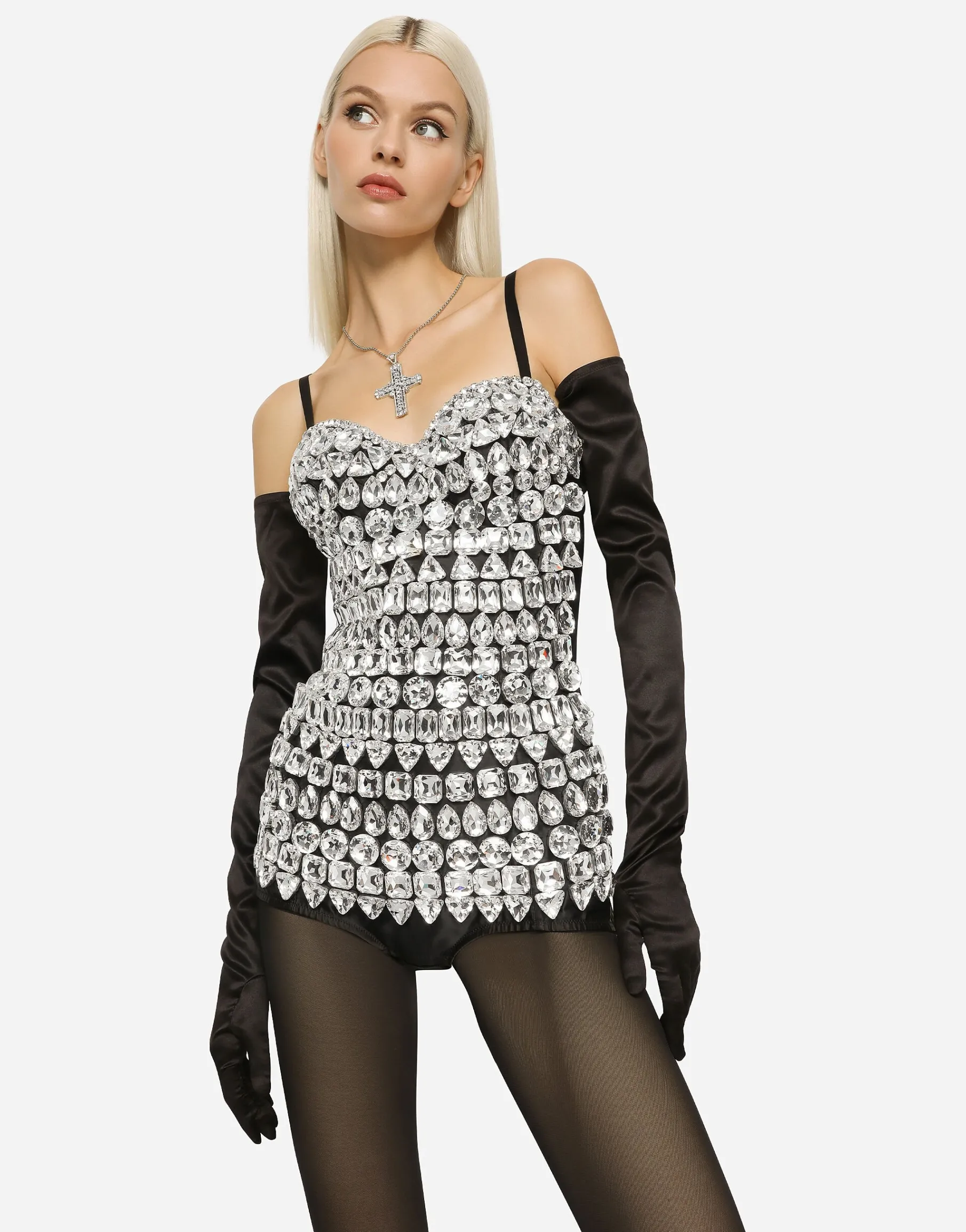 KIM DOLCE&GABBANA Marquisette bodysuit with rhinestone embellishment