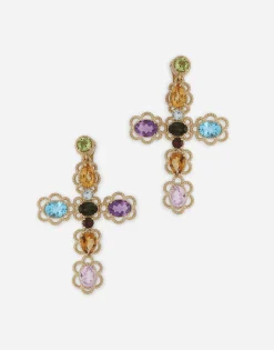 18 kt yellow gold clip-on earrings with pin and with multicolor fine gemstones