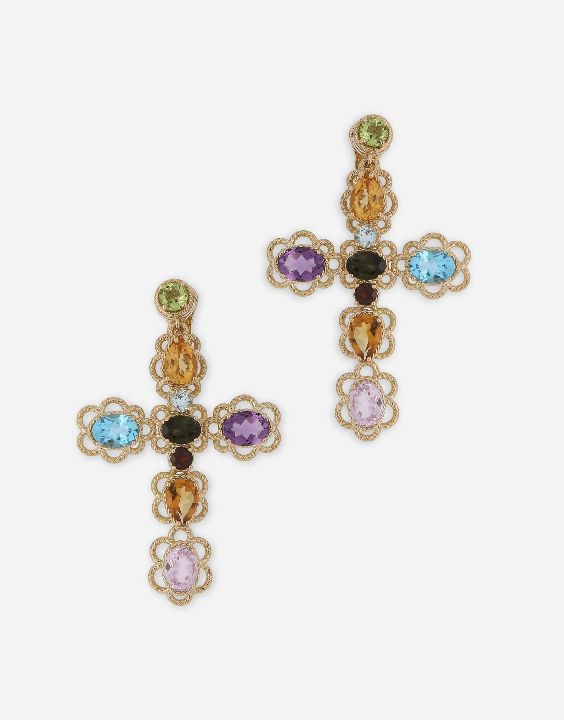 18 kt yellow gold clip-on earrings with pin and with multicolor fine gemstones