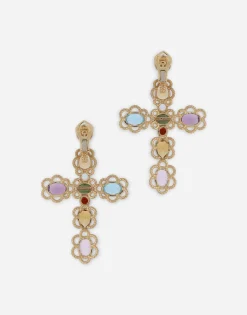 18 kt yellow gold clip-on earrings with pin and with multicolor fine gemstones