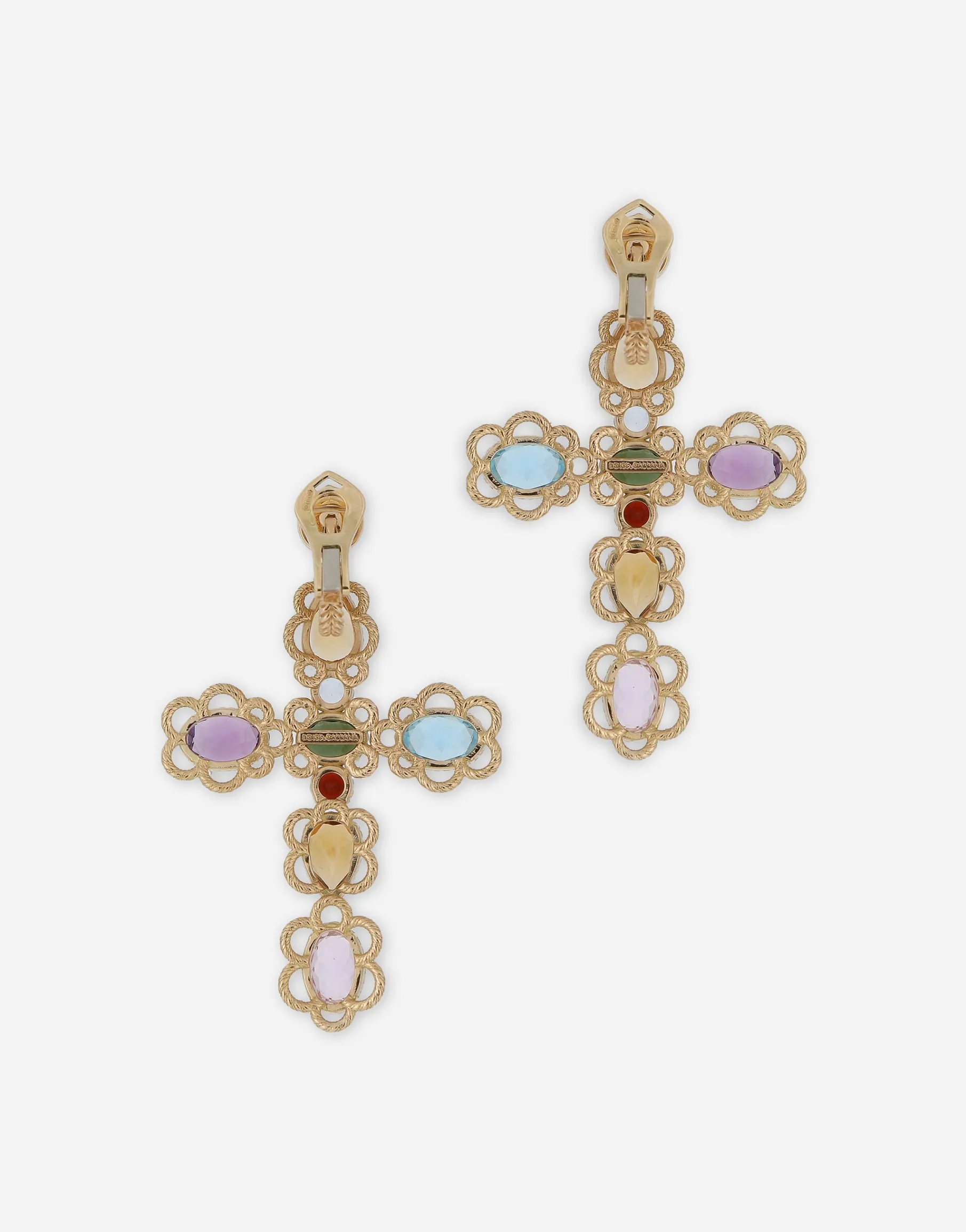 18 kt yellow gold clip-on earrings with pin and with multicolor fine gemstones