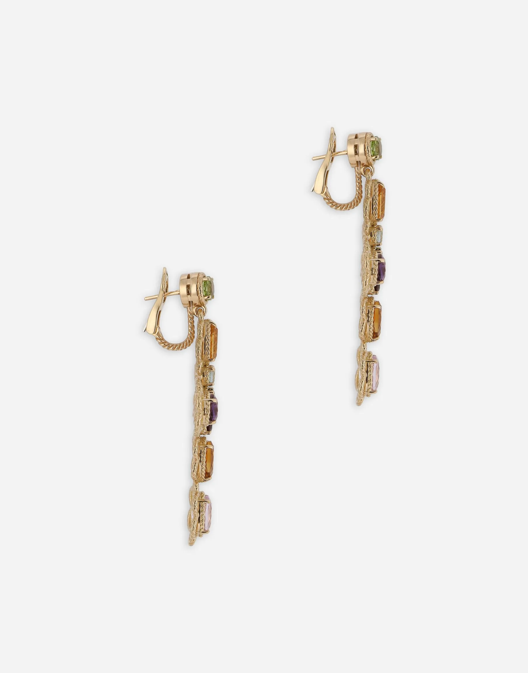 18 kt yellow gold clip-on earrings with pin and with multicolor fine gemstones