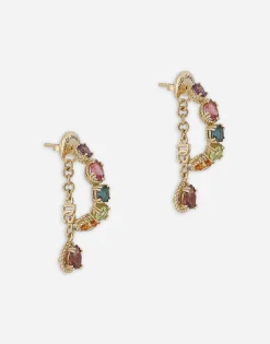 18 kt yellow gold pierced earrings with multicolor fine gemstones