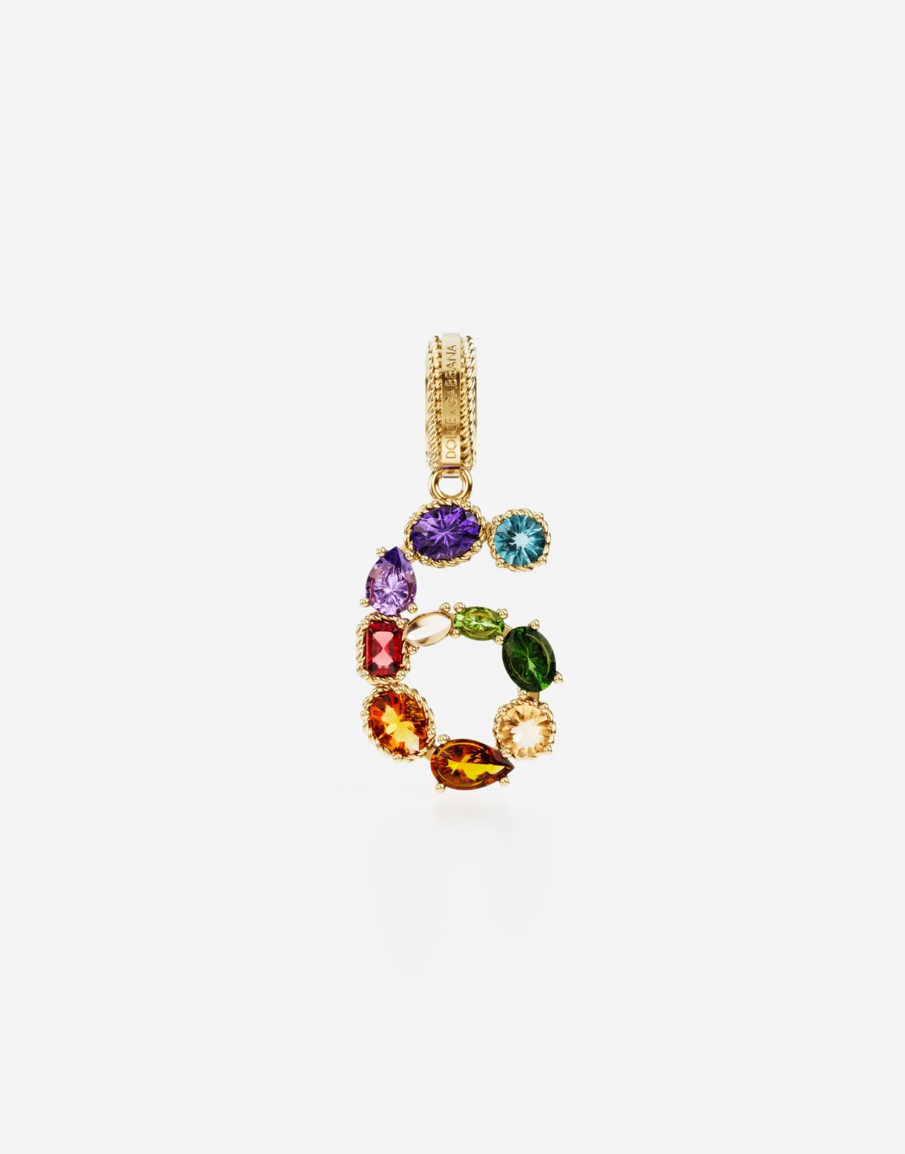 18 kt yellow gold rainbow pendant with multicolor finegemstones representing number 6