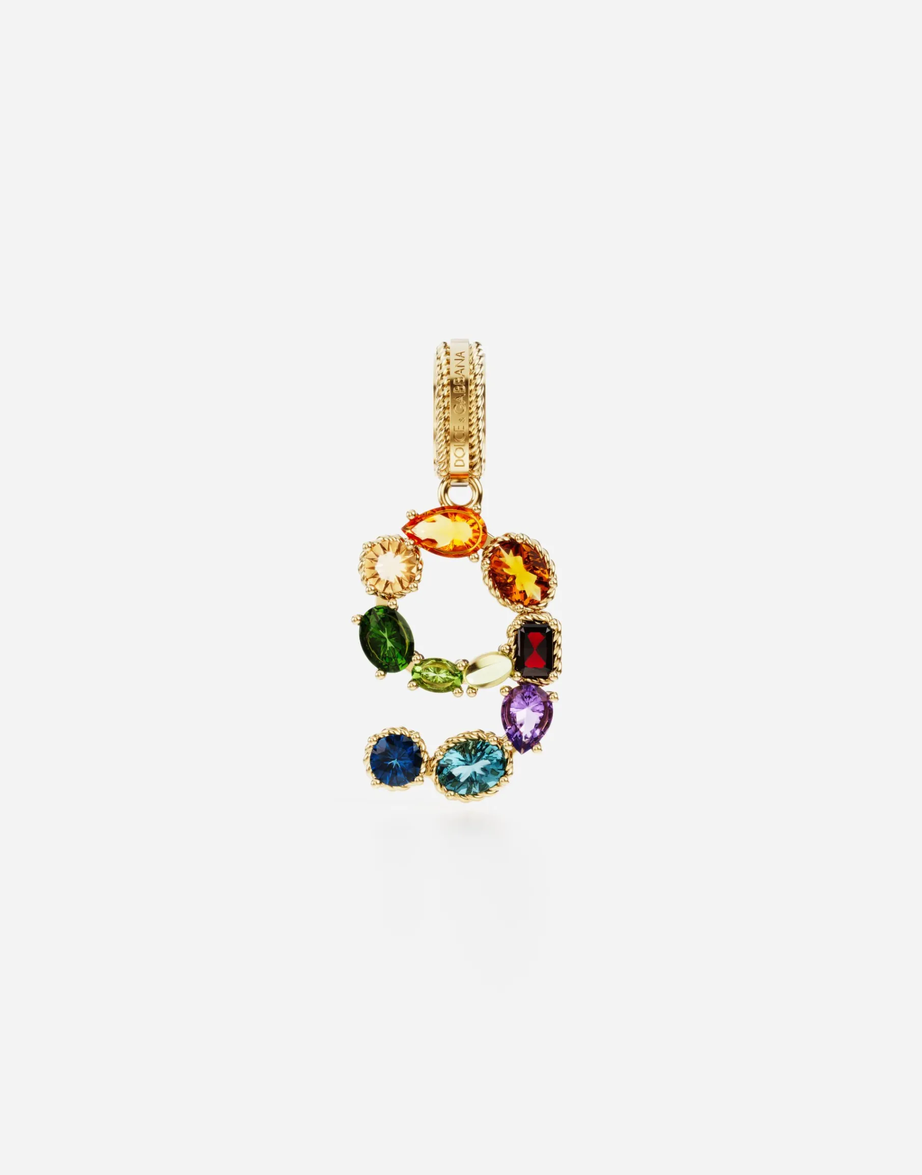 18 kt yellow gold rainbow pendant with multicolor finegemstones representing number 9