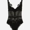 Lace and tulle bodysuit with lacing and eyelets